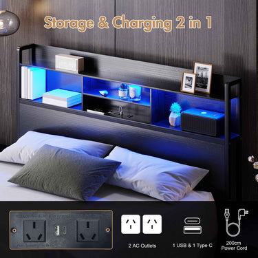 Ufurniture Queen bed / Double bed LED Bed Frame with USB Charging & Storage Drawers - Modern Metal Platform Bed